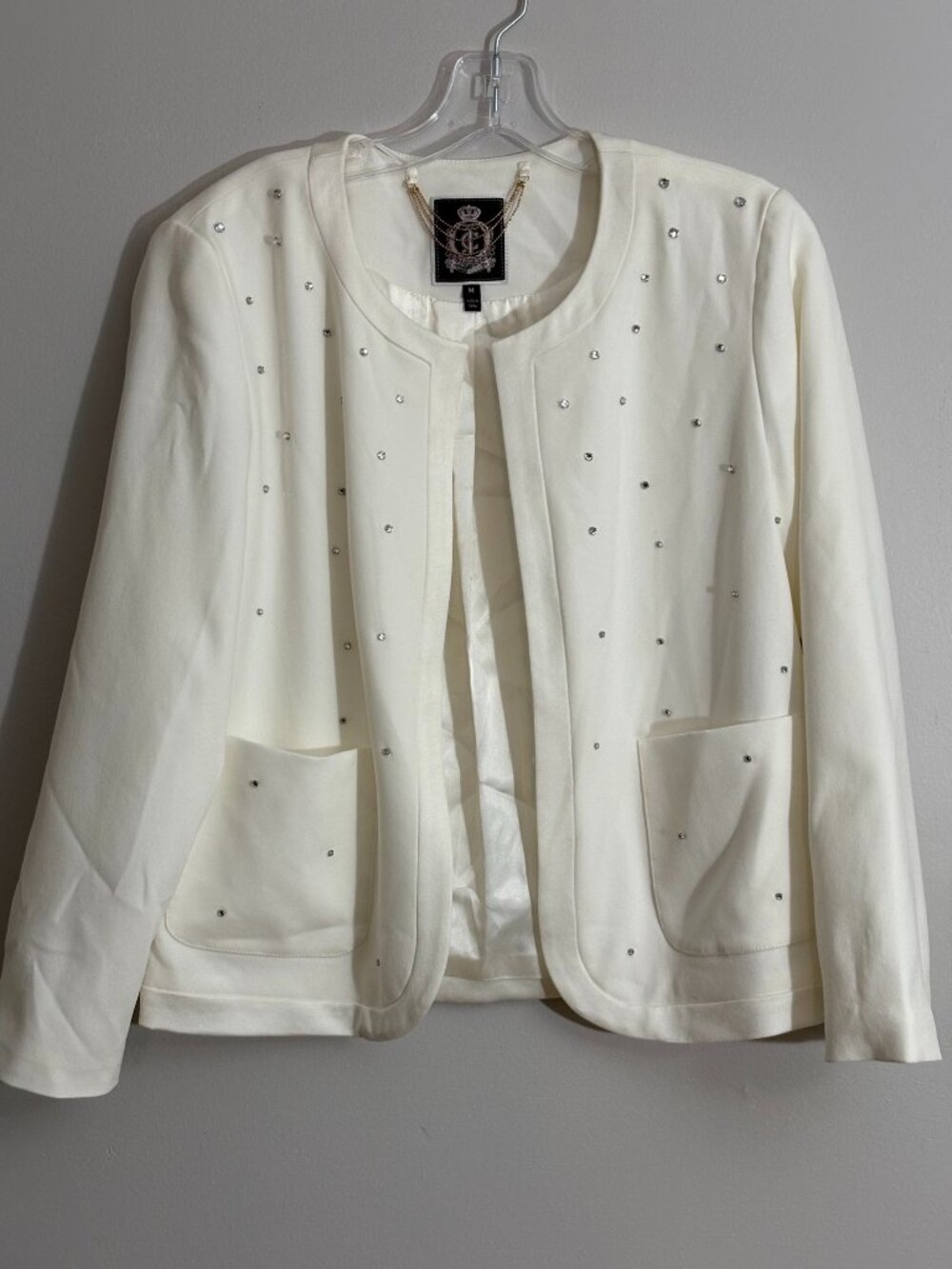 Juicy Couture Ivory Rhinestone Blazer • Open Front • Elegant Office Jacket • M
